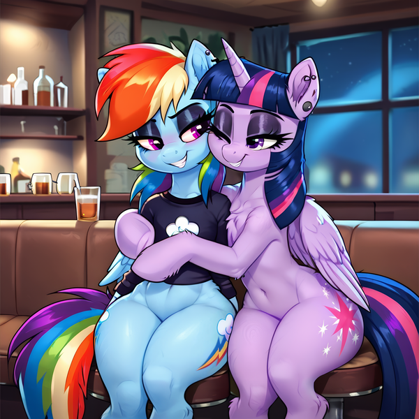 Size: 2160x2160 | Tagged: safe, ai content, derpibooru import, machine learning generated, prompter:thelight3d, stable diffusion, rainbow dash, twilight sparkle, twilight sparkle (alicorn), alicorn, pegasus, pony, g4, chest fluff, clothes, duo, duo female, ear piercing, eyeshadow, female, generator:pony diffusion v6 xl, hug, image, makeup, piercing, png, shirt, side hug, wide hips, window