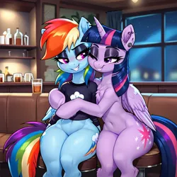 Size: 2160x2160 | Tagged: safe, ai content, derpibooru import, machine learning generated, prompter:thelight3d, stable diffusion, rainbow dash, twilight sparkle, twilight sparkle (alicorn), alicorn, pegasus, pony, g4, chest fluff, clothes, duo, duo female, ear piercing, eyeshadow, female, generator:pony diffusion v6 xl, hug, image, makeup, piercing, png, shirt, side hug, wide hips, window