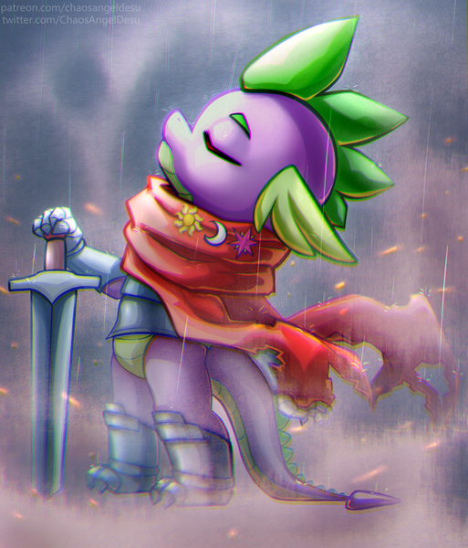 Size: 1000x1169 | Tagged: safe, artist:chaosangeldesu, derpibooru import, spike, dragon, armor, chromatic aberration, clothes, eyes closed, image, jpeg, knight, rain, scarf, solo, sword, weapon