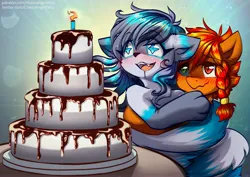 Size: 4961x3508 | Tagged: safe, artist:chaosangeldesu, derpibooru import, oc, oc:flaming hoof, unofficial characters only, fox, pony, absurd resolution, blushing, cake, candle, drool, duo, food, furry, holding each other, image, jpeg, starry eyes, wavy mouth, wingding eyes