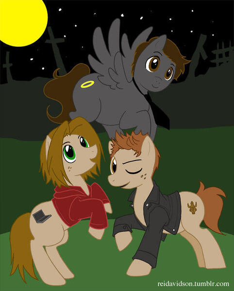 Size: 561x698 | Tagged: safe, artist:reidavidson, derpibooru import, ponified, earth pony, pegasus, pony, castiel, dean winchester, image, jpeg, male, night, old art, raised hoof, rearing, sam winchester, supernatural, trio