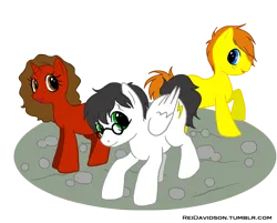 Size: 758x610 | Tagged: safe, artist:reidavidson, derpibooru import, ponified, earth pony, pegasus, pony, unicorn, female, glasses, harry potter, harry potter (series), hermione granger, horn, image, male, old art, png, ron weasley, scar, trio