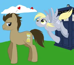 Size: 906x797 | Tagged: safe, artist:reidavidson, derpibooru import, derpy hooves, doctor whooves, time turner, earth pony, pegasus, pony, g4, doctor who, duo, female, floating heart, heart, image, jpeg, male, old art, ship:doctorderpy, shipping, straight, tardis