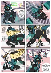 Size: 3500x5000 | Tagged: suggestive, artist:katzyla, derpibooru import, fluttershy, queen chrysalis, rainbow dash, changeling, changeling queen, pegasus, pony, comic:a changeling queen in a nursery machine, g4, brush, brushing, bugbutt, butt, cartoon physics, comic, conveyor belt, drying, fangs, female, forced, hair dryer, image, large butt, machine, mare, mechanical hands, png, restrained, solo, speech bubble, towel, towel on head, wet, wet mane