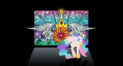 Size: 1296x696 | Tagged: safe, alternate version, artist:reidavidson, derpibooru import, princess celestia, alicorn, pony, g4, crown, female, horn, image, jewelry, jpeg, mare, old art, regalia, solo, stained glass, sun, turned head, window, wings