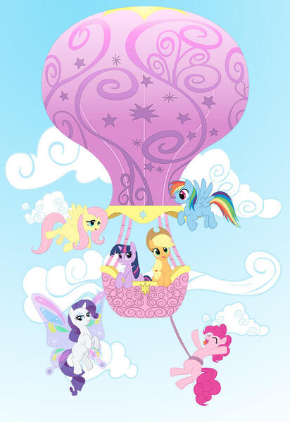 Size: 684x996 | Tagged: safe, artist:reidavidson, derpibooru import, applejack, fluttershy, pinkie pie, rainbow dash, rarity, twilight sparkle, earth pony, pegasus, pony, unicorn, g4, flying, gossamer wings, horn, hot air balloon, image, jpeg, mane six, missing cutie mark, old art, sky background, twinkling balloon, unicorn twilight, wings