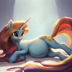 Size: 1024x1024 | Tagged: safe, ai content, derpibooru import, machine learning assisted, machine learning generated, prompter:jaguarcalamitydejv, sassy saddles, pony, unicorn, g4, belly, big belly, female, floor, horn, image, jpeg, light, lying, lying down, lying on the floor, mare, on floor, side, solo