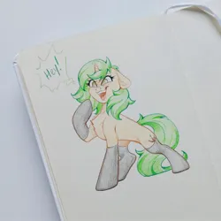 Size: 1278x1280 | Tagged: safe, artist:amishy, derpibooru import, oc, unofficial characters only, pony, unicorn, chest fluff, clothes, colored pencil drawing, dialogue, female, floppy ears, horn, image, jpeg, latex, latex socks, mare, open mouth, open smile, smiling, socks, solo, speech bubble, traditional art