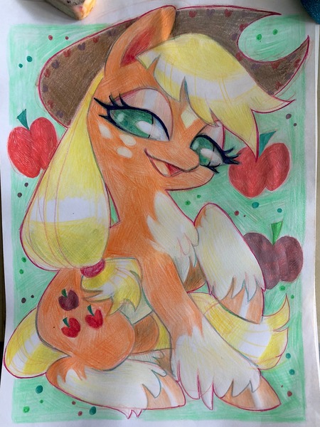 Size: 2736x3648 | Tagged: safe, artist:radfrankie, derpibooru import, applejack, earth pony, pony, g4, apple, coat markings, female, food, high res, image, jpeg, lidded eyes, mare, open mouth, open smile, pale belly, sitting, smiling, socks (coat marking), solo, traditional art, unshorn fetlocks