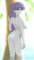 Size: 1517x2682 | Tagged: suggestive, artist:batipin, derpibooru import, maud pie, human, equestria girls, g4, 2d, ass, bangs, bikini, bikini bottom, bikini top, breasts, busty maud pie, butt, clothes, eyeshadow, female, fingernails, image, legs, looking at you, looking back, makeup, nails, ocean, outdoors, palm tree, png, sideboob, sky, solo, string bikini, swimsuit, thighs, tree, water