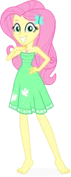 Size: 2609x6431 | Tagged: safe, artist:dustinwatsongkx, derpibooru import, edit, fluttershy, human, equestria girls, g4, street chic, spoiler:eqg series (season 2), bare shoulders, barefoot, clothes, dress, feet, female, geode of fauna, grin, image, looking at you, magical geodes, my little pony equestria girls: better together, png, simple background, sleeveless, smiling, solo, staring into your soul, strapless, transparent background