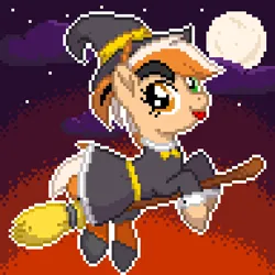 Size: 480x480 | Tagged: safe, artist:elwakaz, derpibooru import, pony, :p, broom, digital art, hat, heterochromia, image, moon, pixel art, png, smiling, solo, tongue out, witch, witch hat