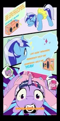 Size: 1600x3200 | Tagged: safe, artist:nutellaenjoyer, derpibooru import, minuette, pinkie pie, spike, twilight sparkle, twilight sparkle (alicorn), alicorn, dragon, earth pony, pony, amending fences, g4, balloonbutt, bee gees, butt, clothes, dancing, eyes closed, image, open mouth, open smile, pinkie being pinkie, png, screaming, skirt, smiling, song reference, stayin alive, teary eyes