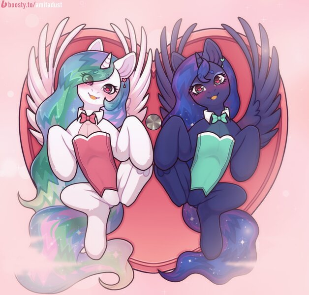 Size: 3338x3191 | Tagged: safe, artist:amitadust, derpibooru import, princess celestia, princess luna, alicorn, pony, clothes, duo, duo female, female, heart, heart eyes, high res, image, jpeg, looking at you, lying down, mare, on back, royal sisters, siblings, sisters, wingding eyes