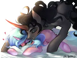 Size: 1080x810 | Tagged: safe, artist:unclechai, derpibooru import, idw, king sombra, radiant hope, crystal pony, pony, unicorn, bed, duo, duo male and female, female, horn, image, male, pillow, png, romantic, ship:hopebra, shipping, straight