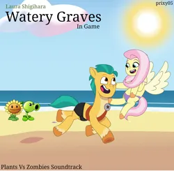 Size: 1194x1168 | Tagged: safe, artist:edy_january, artist:prixy05, derpibooru import, edit, editor:edy_january, fluttershy, hitch trailblazer, earth pony, pegasus, pony, g4, g5, album, album cover, beach, beloved, bikini, clothes, female, flower, g4 to g5, generation leap, image, laura shigihara, male, music, pants, peashooter, plant, plants vs zombies, png, romantic, ship:flutterhitch, shipping, short pants, simple background, song, straight, summer, sunflower, swimsuit, vector used, watery graves (song), youtube, youtube link