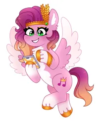 Size: 1837x2204 | Tagged: safe, artist:emera33, derpibooru import, pipp petals, pegasus, pony, g5, alternate design, female, grin, hoof hold, image, mare, mobile phone, pale belly, phone, png, simple background, smartphone, smiling, solo, spread wings, white background, wings