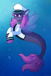 Size: 2028x3000 | Tagged: safe, artist:madelinne, derpibooru import, oc, unofficial characters only, sea pony, seapony (g4), blue background, bubble, clothes, commission, digital art, fin wings, fins, fish tail, floppy ears, flowing mane, flowing tail, hat, high res, image, looking at you, male, ocean, png, purple eyes, purple mane, purple tail, sailor hat, sailor uniform, scales, seapony oc, see-through, signature, simple background, smiling, smiling at you, smug, solo, spread wings, swimming, tail, underwater, uniform, water, wings