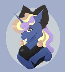 Size: 1079x1200 | Tagged: artist needed, safe, oc, oc:charky cola, unicorn, :p, bow, bust, ear fluff, heart, hoof hold, image, jpeg, looking at you, multicolored hair, patchwork, simple background, solo, stitches, tongue out, watermark, wingding eyes