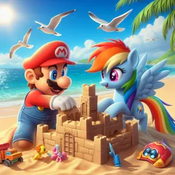 Size: 1024x1024 | Tagged: safe, ai content, artist:user15432, derpibooru import, machine learning generated, prompter:user15432, rainbow dash, bird, human, pegasus, pony, seagull, g4, alternate cutie mark, barefoot, beach, beach day, cloud, crossover, feet, generator:bing image creator, generator:dall-e 3, image, jpeg, mario, ocean, open mouth, open smile, sand, sandcastle, smiling, summer, summertime, sun, sunshine, super mario bros., toy, tree, water