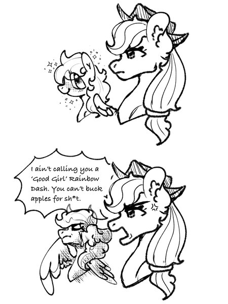 Size: 1536x2048 | Tagged: safe, artist:ambrosiacanvas, applejack, rainbow dash, angry, appledash, black and white, bust, comic, crying, female, grayscale, i'm not calling you good boy, image, jpeg, lesbian, meme, monochrome, ponified meme, sad, shipping, simple background, sparkles, text