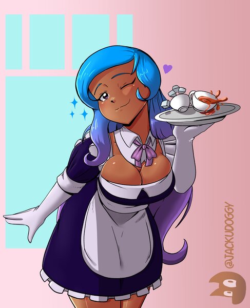 Size: 2909x3583 | Tagged: suggestive, artist:jackudoggy, derpibooru import, izzy moonbow, human, g5, apron, big breasts, blackwashing, breasts, busty izzy moonbow, clothes, dark skin, dress, food, humanized, image, jpeg, maid, moderate dark skin, sugar (food), tea