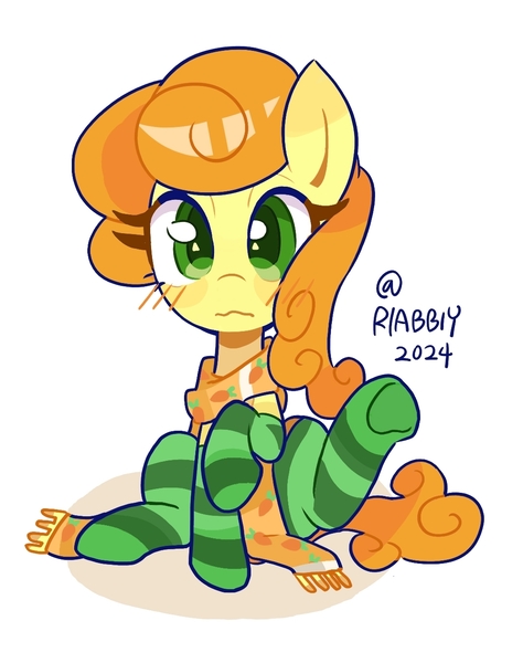 Size: 1065x1347 | Tagged: safe, artist:rlabbiy, derpibooru import, carrot top, golden harvest, earth pony, pony, blushing, clothes, female, image, jpeg, looking at you, mare, raised leg, scarf, simple background, sitting, socks, solo, white background