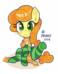 Size: 1065x1347 | Tagged: safe, artist:rlabbiy, derpibooru import, carrot top, golden harvest, earth pony, pony, blushing, clothes, female, image, jpeg, looking at you, mare, raised leg, scarf, simple background, sitting, socks, solo, white background