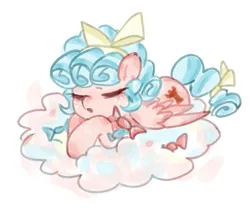 Size: 1552x1332 | Tagged: safe, artist:蜀灰, derpibooru import, cozy glow, pegasus, pony, candy, cloud, eyes closed, female, filly, foal, food, image, open mouth, png, simple background, sleeping, solo, white background