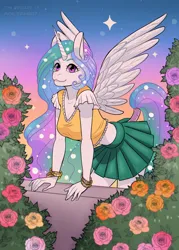 Size: 1067x1493 | Tagged: safe, artist:renfriday13, artist:spacerabbitart, derpibooru import, princess celestia, alicorn, anthro, bracelet, bush, clothes, female, flower, image, jewelry, jpeg, leaning, skirt, smiling, solo