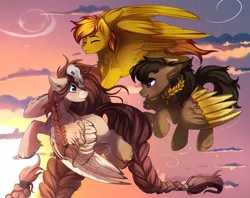 Size: 4355x3444 | Tagged: safe, artist:2pandita, derpibooru import, oc, unofficial characters only, pegasus, pony, braid, braided tail, cloud, flying, image, pegasus oc, png, sky, sun, tail, trio, wings