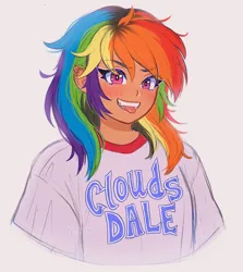 Size: 1829x2048 | Tagged: safe, artist:strawbee_fox, derpibooru import, rainbow dash, human, g4, :p, blushing, clothes, cloudsdale, cute, dashabetes, ear piercing, earring, female, humanized, image, jewelry, piercing, png, shirt, smiling, solo, tongue out, tongue piercing, watermark