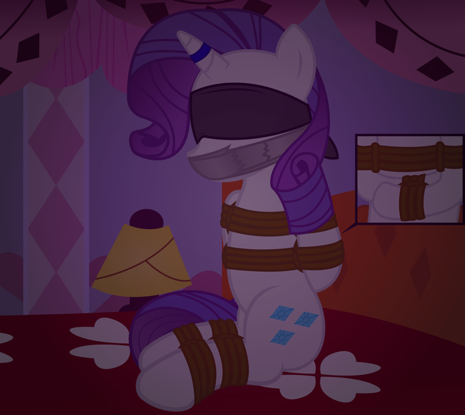 Size: 2000x1786 | Tagged: safe, artist:cardshark777, derpibooru import, rarity, pony, unicorn, g4, bed, blindfold, bondage, bound and gagged, damsel in distress, dark, digital art, duct tape, female, femsub, gag, helpless, hooves behind back, horn, horn ring, image, jewelry, lamp, magic suppression, mare, panel, pillar, png, rarisub, rarity's bedroom, ring, rope, rope bondage, ropes, sitting, solo, submissive, tape, tape gag, tied up