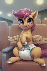 Size: 1032x1560 | Tagged: safe, ai content, derpibooru import, generator:pony realism 2.1, machine learning generated, prompter:cayuse, stable diffusion, scootaloo, pegasus, pony, abdl, blushing, cinema, diaper, diaper fetish, female, fetish, filly, foal, hooves, image, jpeg, seat, sitting, solo, solo female, spread wings, tail, wings