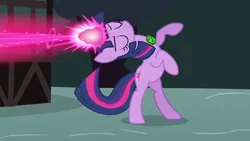 Size: 1280x720 | Tagged: safe, derpibooru import, screencap, twilight sparkle, pony, unicorn, g4, season 3, 1080p, backbend, bipedal, blast, cropped, eyes closed, glow, glowing horn, horn, image, magic, magic blast, png, pose, showing off, smiling, solo, unicorn twilight, zecora's doorstop