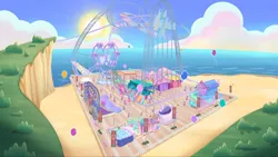 Size: 2160x1215 | Tagged: safe, derpibooru import, screencap, pony, g5, my little pony: tell your tale, spoiler:g5, spoiler:my little pony: tell your tale, spoiler:tyts02e17, amusement park, background, balloon, beach, boardtrot, cliff, ferris wheel, image, ocean, png, roller coaster, scenery, the tinytrot, water