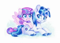 Size: 1663x1200 | Tagged: safe, artist:maytee, derpibooru import, princess flurry heart, shining armor, alicorn, pony, unicorn, g4, colored pencil drawing, duo, father and child, father and daughter, female, horn, image, lying down, male, png, prone, traditional art