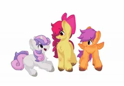 Size: 2048x1425 | Tagged: safe, artist:haon_diy, derpibooru import, apple bloom, scootaloo, sweetie belle, earth pony, pegasus, pony, unicorn, blushing, cutie mark crusaders, female, filly, foal, horn, image, jpeg, open mouth, simple background, smiling, spread wings, unshorn fetlocks, white background, wings