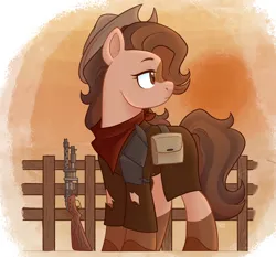 Size: 1876x1752 | Tagged: safe, artist:slushpony, derpibooru import, oc, oc:tarnished clutter, unofficial characters only, earth pony, pony, fallout equestria, armor, bag, clothes, commission, cowboy hat, earth pony oc, female, fence, gun, hat, image, mare, melancholy, png, quadrupedal, shotgun, solo, solo female, standing, torn clothes, weapon