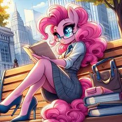 Size: 1024x1024 | Tagged: safe, ai content, derpibooru import, machine learning generated, prompter:glimmy-glam, pinkie pie, anthro, g4, bench, book, city, clothes, generator:dall-e 3, high heels, image, jpeg, necktie, office lady, purse, raised leg, reading, reading glasses, shoes, sitting, skirt, stiletto heels, tree, vest