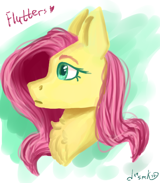 Size: 2700x3090 | Tagged: safe, artist:deadsmoke, derpibooru import, fluttershy, pegasus, pony, bust, chest fluff, colored eyebrows, colored eyelashes, female, image, looking sideways, mare, png, portrait, simple background