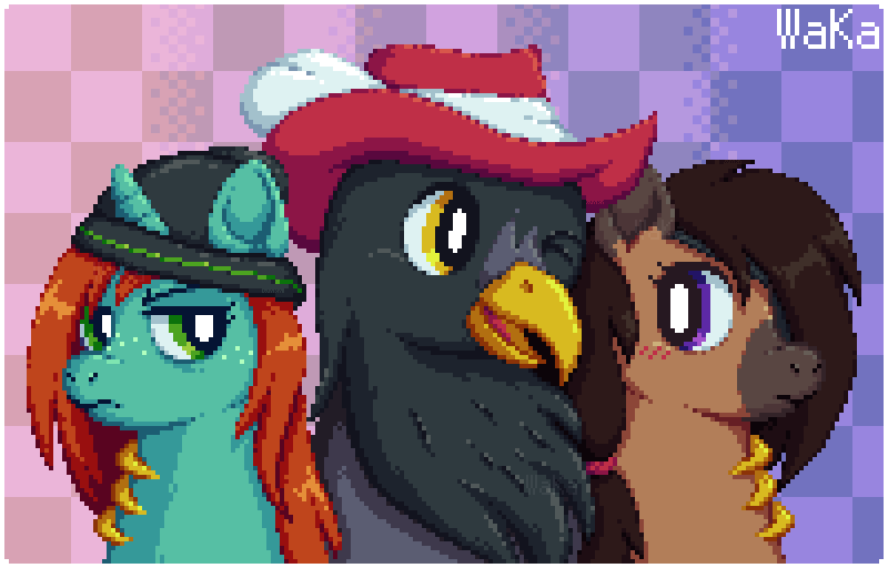 Size: 800x512 | Tagged: safe, artist:elwakaz, derpibooru import, oc, unofficial characters only, gryphon, pony, unicorn, abstract background, beak, black feathers, brown coat, checkered background, gradient background, griffon oc, hat, horn, image, one eye closed, png, smiling, teal coat, trio, wink