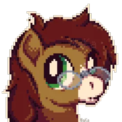 Size: 640x640 | Tagged: safe, artist:elwakaz, derpibooru import, oc, unofficial characters only, pony, brown coat, digital art, glasses, icon, image, pixel art, png, simple background, solo, transparent background