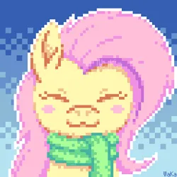 Size: 320x320 | Tagged: safe, artist:elwakaz, derpibooru import, fluttershy, pegasus, pony, g4, :3, art, blue background, blushing, bust, clothes, cute, digital art, eyes closed, female, fluffy mane, front view, green scarf, image, lidded eyes, long mane, loose hair, mare, outline, pink mane, pixel art, pixelated, png, scarf, shading, shyabetes, simple background, smiling, solo, solo female, solo focus, subpixel rendering, texture, twitter link, watermark, white outline, yellow coat