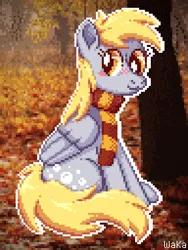 Size: 480x640 | Tagged: safe, artist:elwakaz, derpibooru import, derpy hooves, pegasus, pony, g4, :3, autumn, blush lines, blushing, bubble, cel shading, clothes, colored outlines, cute, derp, derpabetes, digital art, digital painting, female, forest, full body, gray coat, gray pony, highlights, hooves down, image, leaf, leaves, lightly watermarked, looking at you, looking to the right, mare, nature, outdoors, outline, pixel art, pixelated, png, real life background, scarf, shading, shiny mane, sideways glance, sitting, smiling, solo, solo female, spikey mane, spikey tail, tree, twitter link, warm, watermark, white outline, yellow mane