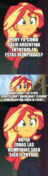 Size: 500x1827 | Tagged: safe, derpibooru import, edit, edited screencap, screencap, sunset shimmer, human, equestria girls, g4, argentina, comic, football, human sunset, image, olympics, png, screencap comic, self paradox, self ponidox, spanish, sports, summer olympics, translated in the description