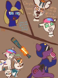 Size: 2048x2732 | Tagged: safe, artist:psi, derpibooru import, oc, oc:cloud quake, oc:pedals, oc:porkly piggins, oc:psi, unofficial characters only, earth pony, hybrid, pegasus, pony, zony, baseball bat, clothes, comic, dialogue, donut, english, female, filly, foal, food, helmet, hybrid oc, image, imminent violence, implied lesbian, innocent, jacket, mischief, piercing, png, police, smiling, visor, weapon