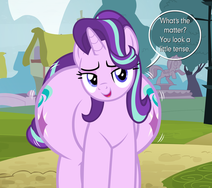 Size: 6126x5433 | Tagged: suggestive, artist:duskyzombie, derpibooru import, starlight glimmer, pony, unicorn, g4, absurd resolution, bedroom eyes, both cutie marks, butt, dialogue, fat, female, front view butt, glimmer glutes, horn, huge butt, image, large butt, lidded eyes, looking at you, mare, open mouth, plot, plump, png, simple background, smiling, solo, the ass was fat, wide hips