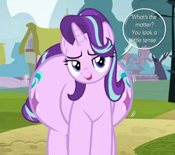 Size: 6126x5433 | Tagged: suggestive, artist:duskyzombie, derpibooru import, starlight glimmer, pony, unicorn, g4, absurd resolution, bedroom eyes, both cutie marks, butt, dialogue, fat, female, front view butt, glimmer glutes, horn, huge butt, image, large butt, lidded eyes, looking at you, mare, open mouth, plot, plump, png, simple background, smiling, solo, the ass was fat, wide hips