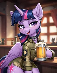 Size: 800x1024 | Tagged: safe, ai content, derpibooru import, machine learning generated, prompter:thelight3d, stable diffusion, twilight sparkle, twilight sparkle (alicorn), alicorn, g4, alcohol, beer, generator:pony diffusion v6 xl, image, png